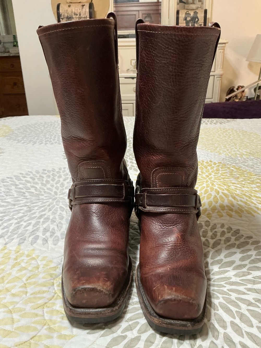 Vintage FRYE Women's Belted Harness 12R Boots Leather Square Toe 9.5M